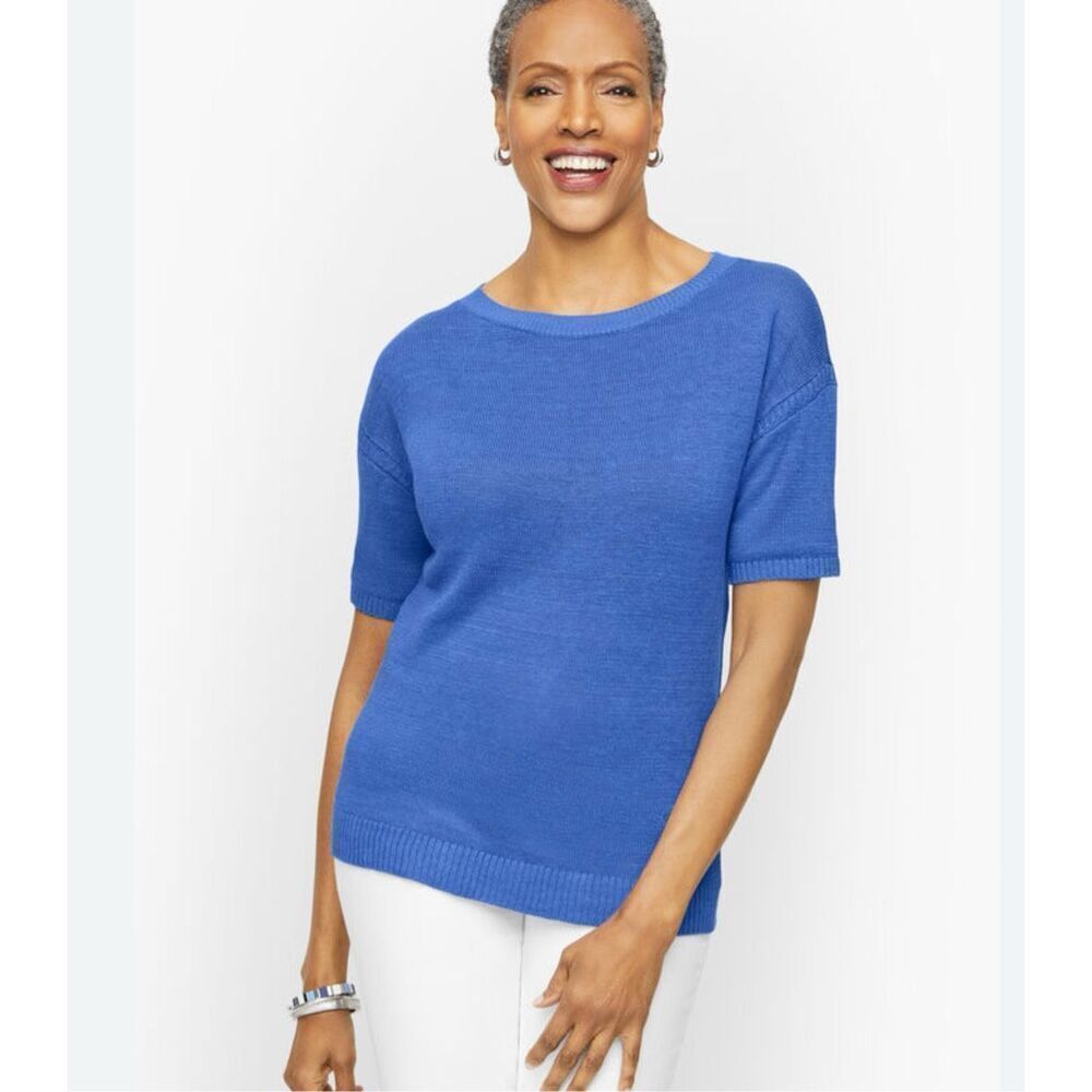 New Talbots Sweater Womens Blue 100% Linen Knit Elbow‎ Sleeve Oversized Crew Top